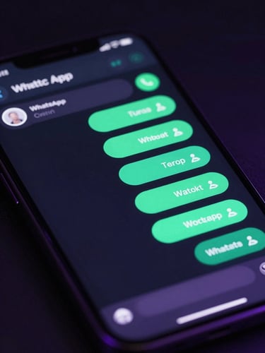 Macro close-up of a high-end smartphone screen displaying an active, automated WhatsApp chat flow with custom checkout buttons, dark tech aesthetic, neon cyan accents, dramatic low-key lighting.