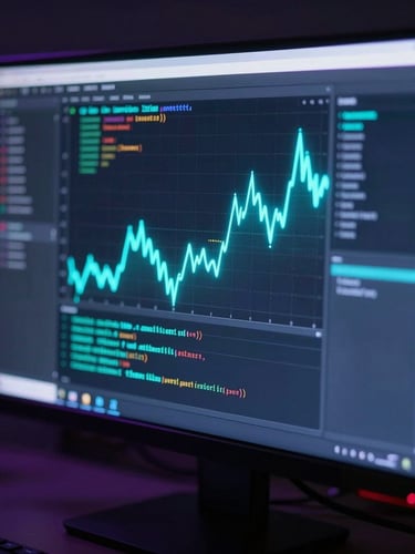 Macro close-up of a high-end glowing monitor displaying dark code and neon cyan analytics graphs, low-key dramatic studio lighting, depth of field