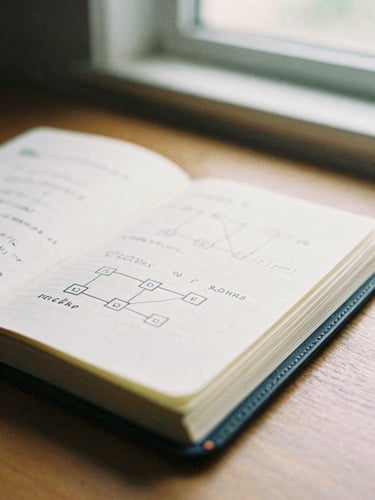 Close-up of an open leather notebook with hand-drawn system diagrams and notes on a wooden desk, soft warm window light, shallow depth of field, 35mm film look