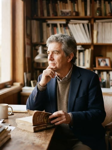 Reflective environmental portrait of Jaime Olavarría, looking thoughtful in a mid-century academic office, warm natural window light, muted earth tones, shallow depth of field, 35mm film look