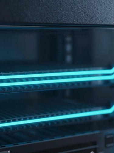 Macro shot of a modern glass server rack illuminated by sharp neon teal and electric blue data-flow lines, cool moody studio lighting, 35mm.