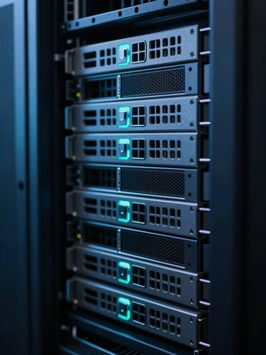 Close-up macro shot of clean server arrays with sharp electric blue and teal ambient glows, cool moody studio lighting, 35mm