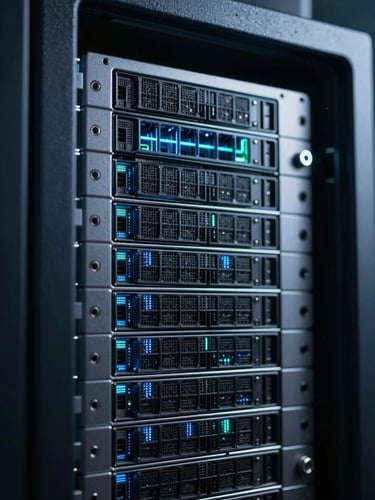 Macro shot of a high-performance server array with sharp electric blue and teal data-flow highlights, cool moody studio lighting, 35mm, sharp focus