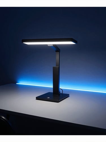 Moody technical photography of clean modern workspace, cool studio lighting with sharp blue ambient glows, 35mm