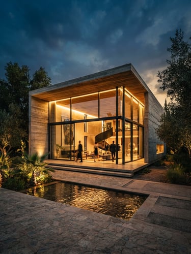 Cinematic architectural perspective of a modern concrete and glass pavilion at dusk, sharp golden hour illumination, high contrast, 35mm lens, deep rich tones, clean leading lines.
