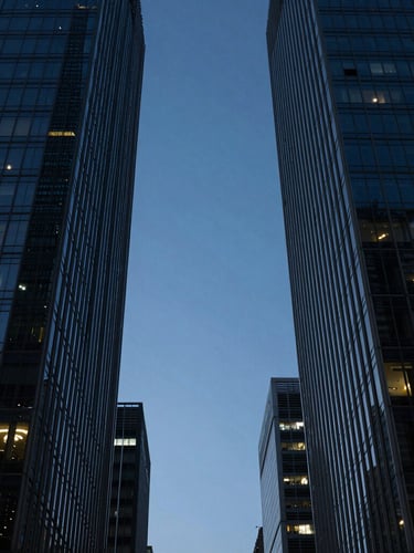 Perfect symmetrical view looking straight up between towering glass skyscrapers, dramatic leading lines, crisp blue hour sky