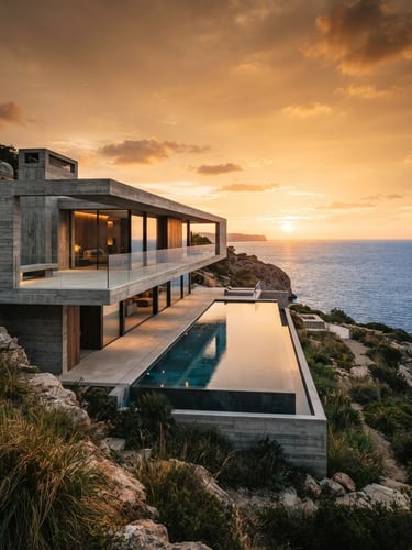Wide environmental shot of a minimalist concrete luxury villa at golden hour, razor-sharp architectural lines, dramatic contrast, 35mm cinematic lens