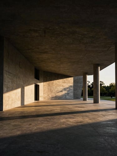Wide environmental shot of a modern architectural concrete pavilion at golden hour, dramatic shadows, sharp focus, high-contrast cinematic lighting