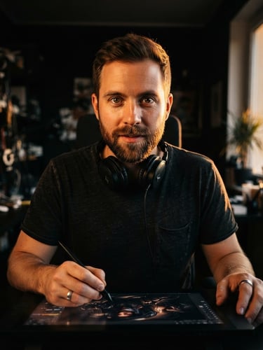 Symmetrical close-up portrait of a male digital artist in a dark studio, dramatic golden hour lighting, sharp focus, 35mm lens