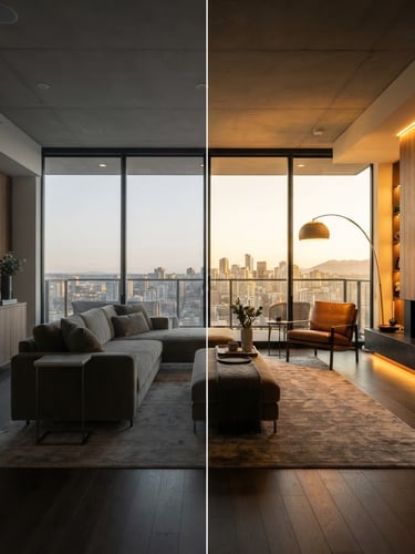 Cinematic architectural editorial photography, dramatic interior lighting. A split-screen view of a luxury modern living room, the left half is an unedited flat RAW file, the right half is a polished, perfectly color-graded golden hour masterpiece with glowing lights, 35mm lens, sharp focus.