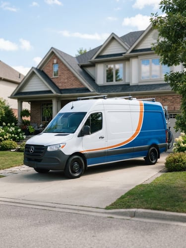 Clean professional service van parked in front of a neat suburban home, bright natural daylight, crisp details, blue and orange tones, shallow depth of field, low horizon.