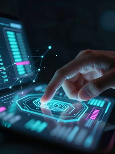 Portrait close-up of hands interacting with a glowing digital interface displaying e-commerce analytics, neon cyan data streams, dark cyber-noir environment, dramatic low-key lighting.