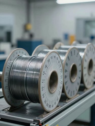 Close-up of industrial wire spools aligned on a manufacturing floor rack, bright even studio lighting showing wire gauge markings on each spool, cool neutral background, sharp focus on the wire coils and diameter labels