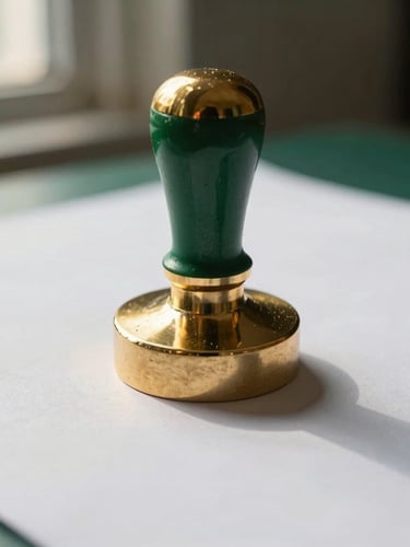 Macro editorial photograph of a gold notary seal being pressed onto crisp high-grade paper, shallow depth of field, warm directional window light, 35mm.