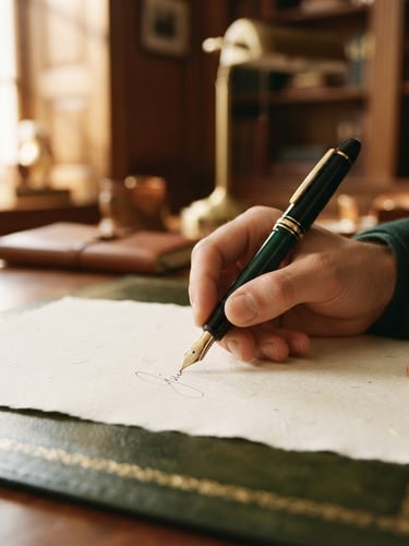 Close-up of a classic fountain pen signing a high-grade textured paper document, warm directional window light, deep forest green accents, shallow depth of field, 35mm