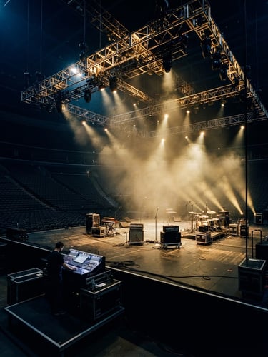 Dramatic wide-angle shot of an empty arena stage during soundcheck, massive overhead truss and lighting rig, golden stage beams cutting through haze, 35mm theatrical photography