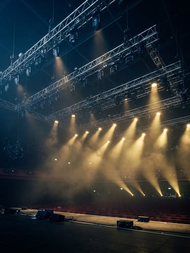 Dramatic wide-angle shot of a massive empty stage lighting rig hanging from steel trusses, golden-hour stage beams cutting through haze, theatrical low-key lighting, 35mm.