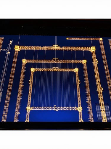 High-contrast technical CAD blueprint of an arena stage rigging layout, glowing amber lines on a deep midnight blue screen, macro details of structural calculations