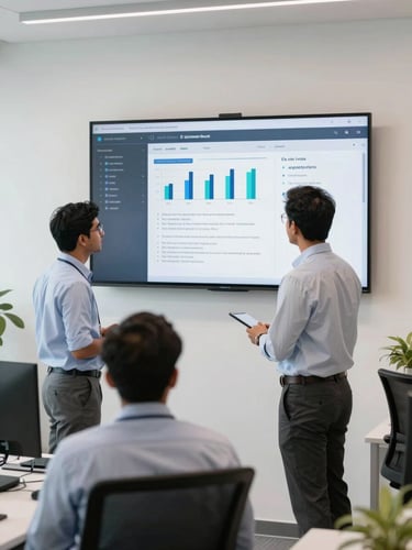 A modern Indian IT operations room with a clean dashboard on a wall monitor, two professional engineers discussing deployment, natural bright office lighting, authentic editorial style