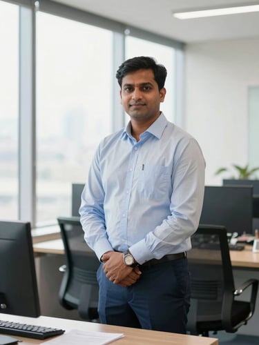 A professional Indian business owner standing in a modern corporate office in Mumbai, bright natural window light, authentic editorial style, 35mm lens