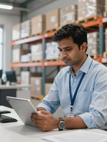 A professional Indian operations manager in a clean, brightly lit modern warehouse office, checking real-time logistics data on a tablet, with organized storage racks visible in the background, authentic editorial style, 35mm lens.