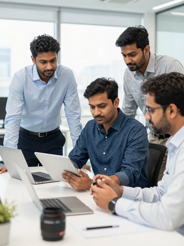 A collaborative meeting of Indian systems engineers in a clean tech office, discussing workflows on a tablet, bright natural office lighting, 35mm lens