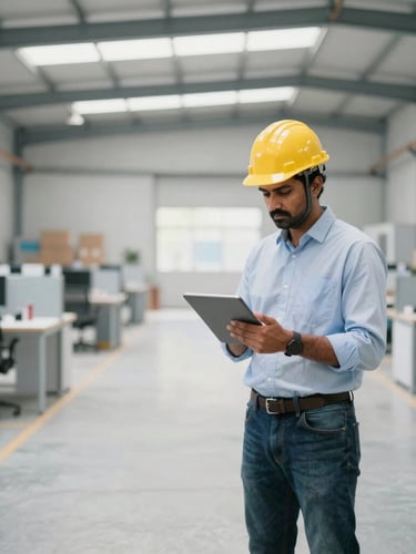 A clean, modern Indian manufacturing warehouse floor, a manager in a hardhat reviewing logistics data on a tablet, bright natural indoor lighting, authentic 35mm photography.