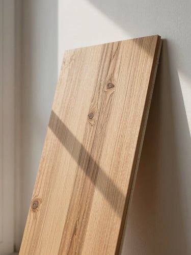 Close-up detail of construction quality, oak swatches resting against a clean plaster wall under bright natural window light.