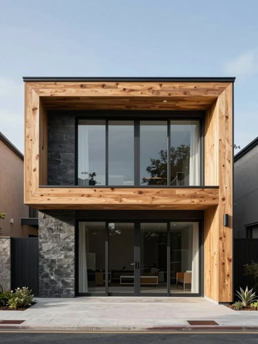 Straight-on architectural elevation of a modern home exterior, crisp daylight, clean lines, natural oak and slate materials visible.