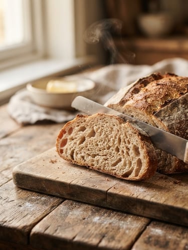 Macro shot of a freshly baked gluten-free bread being sliced, showing a soft, airy crumb with steam rising, warm side window light, rustic wooden table.