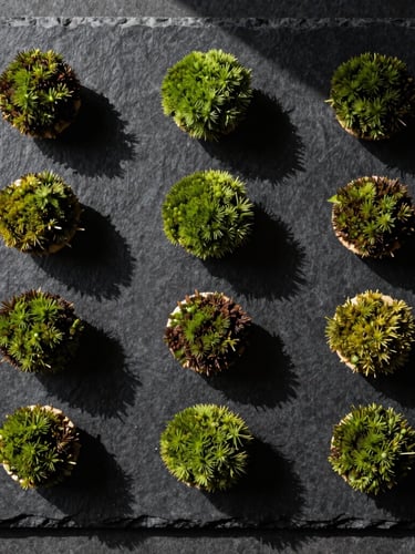 Top-down architectural photograph of single-bite minimalist culinary installations arranged in a perfect grid on raw black slate. Sharp direct sunlight casting precise, dramatic geometric shadows. Deep moss-green accents.
