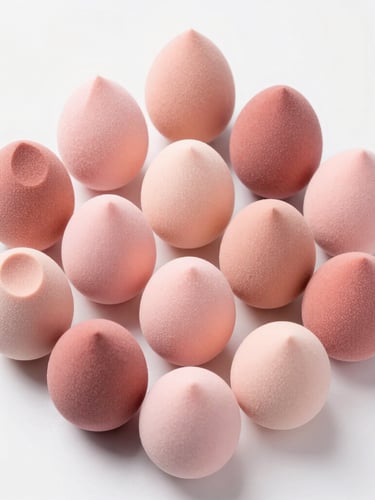A collection of various custom-shaped cosmetic sponges in diverse pastel and rose-gold colors, arranged in a precise geometric flat-lay on a clean surface.