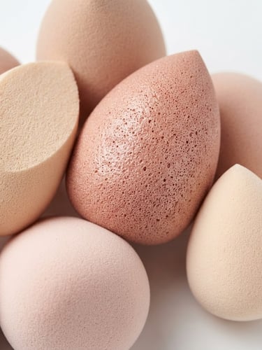 Macro close-up of premium latex-free beauty blenders in soft rose-gold and cream tones, clean studio lighting, high-key minimalist white background
