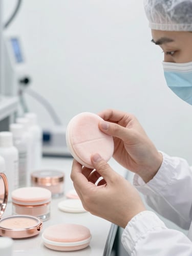 A technician in cleanroom attire inspecting cosmetic powder puffs on a modern factory assembly line, bright clean lighting, clinical precision.