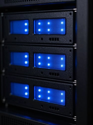 Macro shot of physical server rack with sharp blue glowing LED status lights, high-contrast dark technical photography, 35mm lens