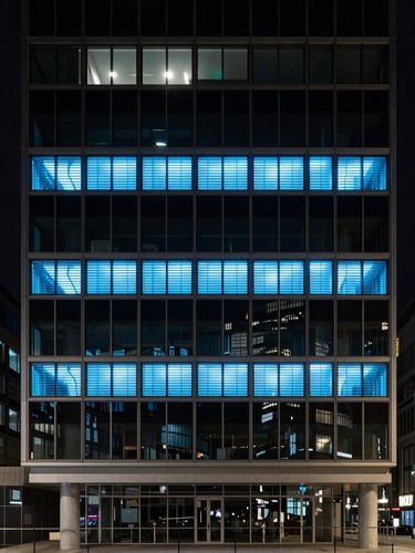 High-contrast architectural details of a modern London tech hub, low-key ambient light with sharp blue screen glows, highly structured Swiss grid composition