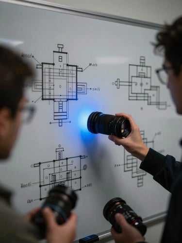 Moody technical photography, low-key ambient light, close-up of physical whiteboard with complex architecture diagrams, intense team collaboration, 35mm lens