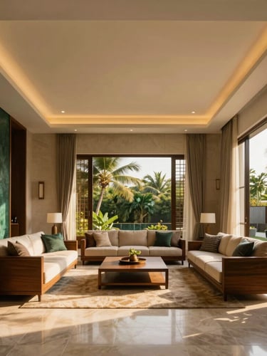 Portrait-oriented architectural interior of a luxurious, modern living room in a Kasaragod villa, warm natural light, high ceilings, clean lines. Bleed to edge.