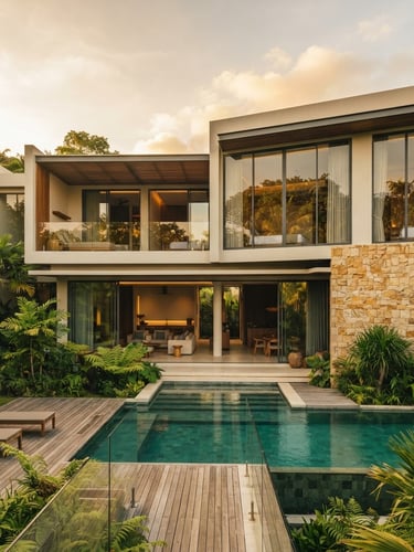 Modern villa exterior facade, clean lines, large glass panels, golden-hour sunlight, wide-angle architectural photography