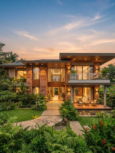 Wide-angle architectural shot of a modern, elegant villa facade in Kasaragod at golden hour, lush tropical landscaping, clear sky. Bleed to edge.
