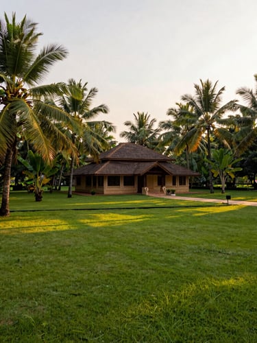 Wide-angle architectural view of a lush green tropical plot in Kasaragod with clear boundary lines, warm golden-hour sunlight filtering through palm trees, rich emerald tones