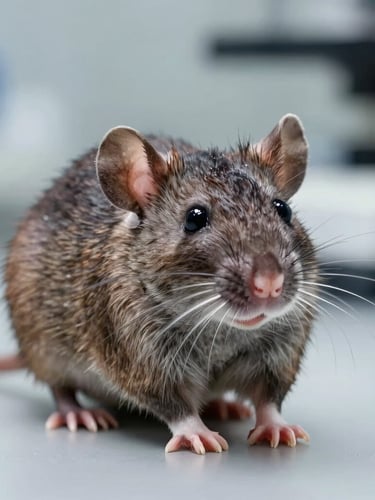 Macro scientific photography of a sewer rat in a clean clinical laboratory setting, high-clarity daylight, sharp focus on identifying features, neutral gray background.