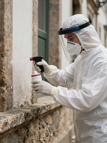 A professional pest control technician in a clean white uniform and protective mask applying precise microencapsulated spray to a historic stone wall base in Rio Vermelho, bright daylight