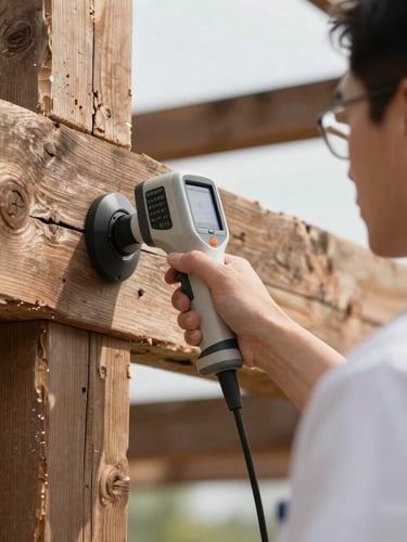 Clinical close-up of a professional technician in a clean uniform using a high-tech thermal imaging scanner on an old structural wooden beam, bright daylight.