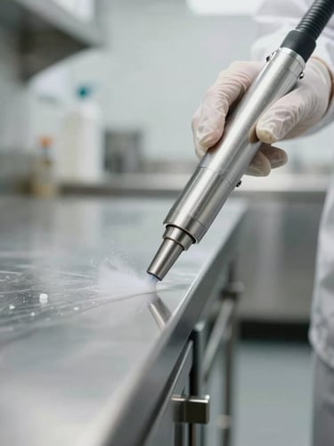 Macro shot of a professional technician in a crisp white uniform using a precise stainless steel nozzle to apply a targeted chemical barrier along a clean commercial kitchen baseboard, clinical daylight, sterile environment.