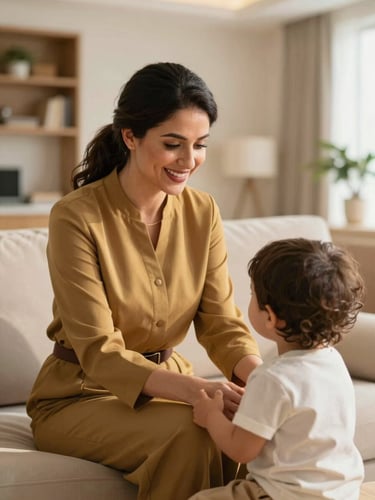 A warm professional portrait of a smiling female nanny in neat attire interacting gently with a young child in a beautifully lit, modern Bahraini living room, soft warm natural light, shallow depth of field, 35mm