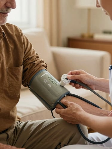 Close-up of a professional nurse taking blood pressure of an elderly gentleman in a beautifully lit, calm home environment, warm bronze tones, soft natural light, shallow depth of field