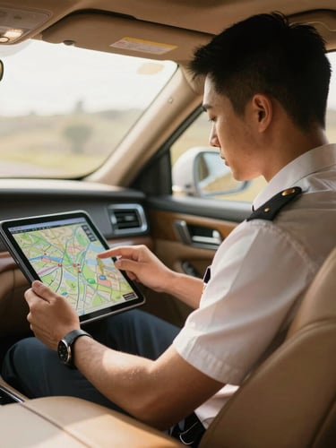 A professional driver in a clean uniform checking a navigation map on a tablet inside a luxury vehicle, soft warm morning light, shallow depth of field