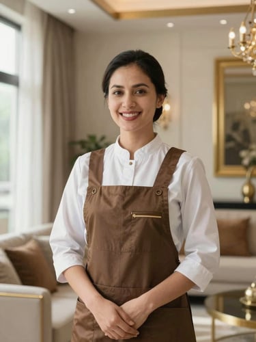 Professional portrait of a warm and smiling domestic helper in a clean, modern Bahraini home, soft natural light coming from a nearby window, elegant bronze and gold home decor details in the background, 35mm, high-end editorial photography.