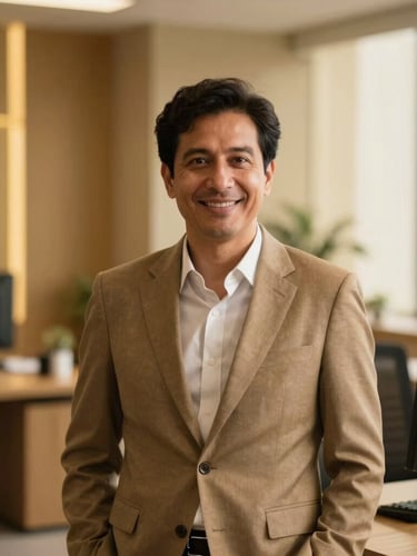 Warm editorial portrait of a professional consulting office in Bahrain, soft natural indoor light, gold accents, professional setting, 35mm